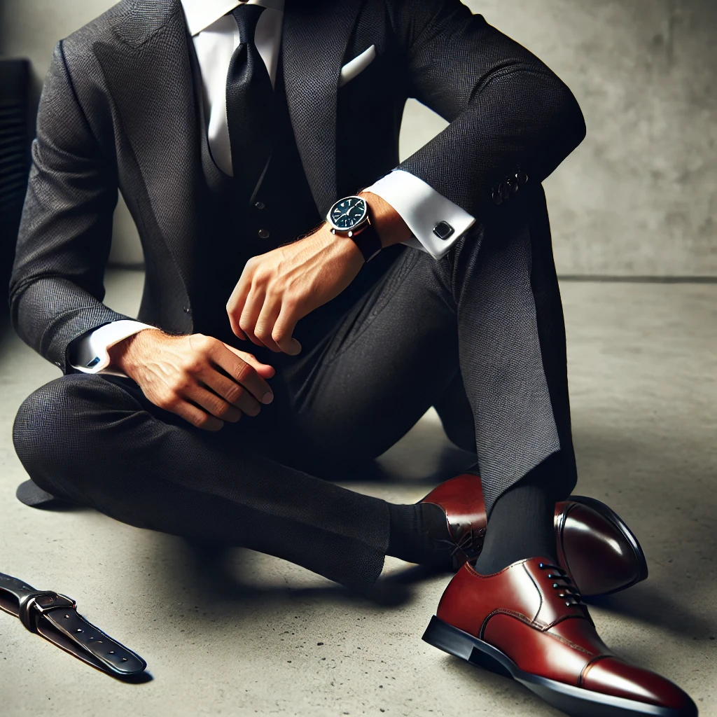 A man wearing semi-formal attire, consisting of a tailored dark suit, a white shirt, a sleek tie, and polished leather shoes. His appearance is elegant yet relaxed, with minimal accessories like a watch and belt. The outfit exudes a smart and refined style.